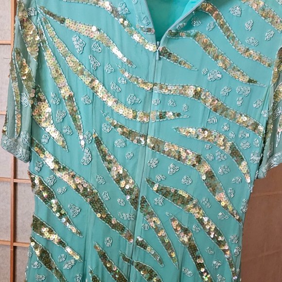 Turquoise fully beaded/sequined dress Kathryn Conover by night size 10 - Picture 6 of 7